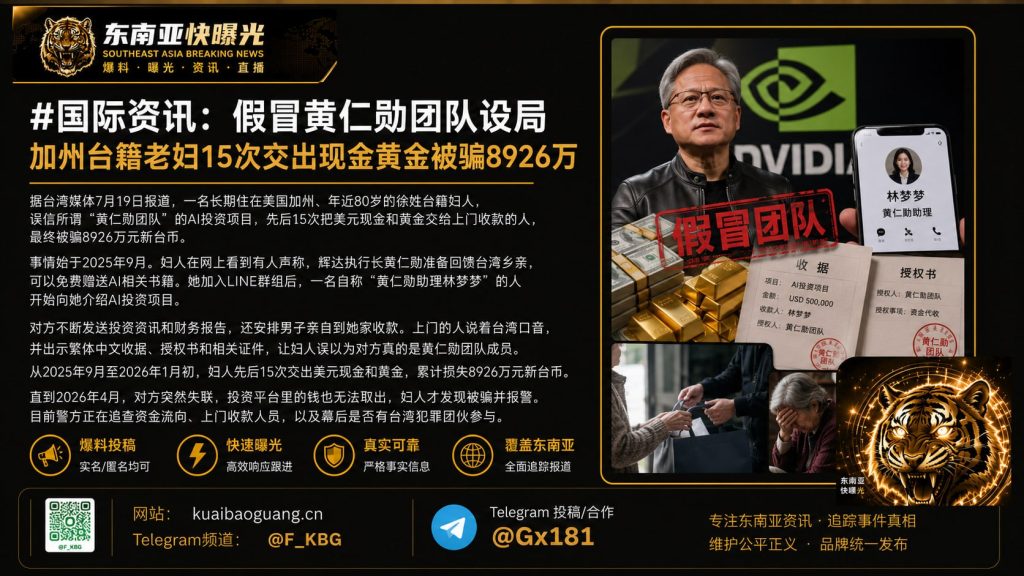 美国｜假冒黄仁勋团队设局加州台籍老妇被骗8926万