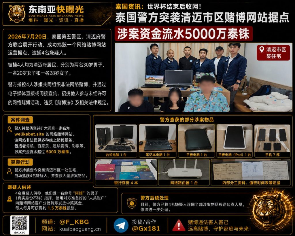 泰国｜清迈网络赌博案警方突袭，涉案资金5000万泰铢行动