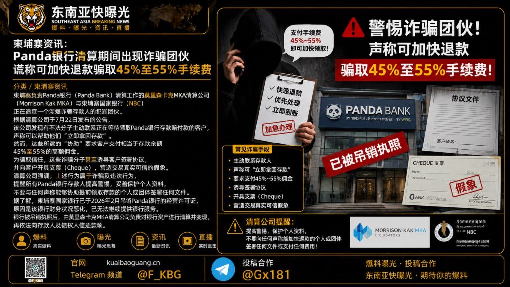 柬埔寨｜Panda银行清算期间诈骗团伙假称加速退款骗取高额佣金