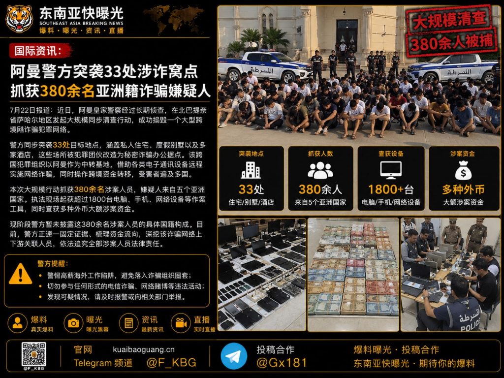 阿曼｜警方突袭33处诈骗窝点 抓获380余名亚洲籍跨境网络诈骗嫌疑人