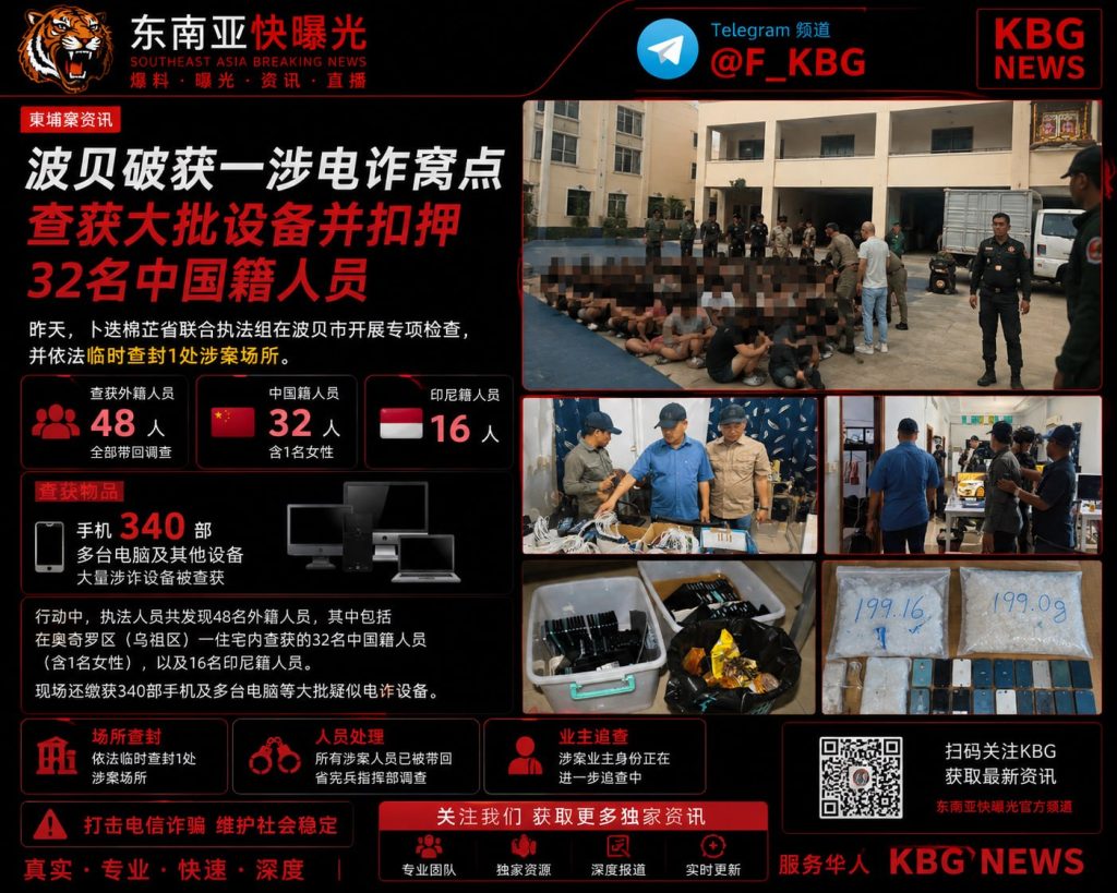 柬埔寨资讯｜卜迭棉芷省执法组突袭波贝涉电诈窝点扣押32名中国籍人员