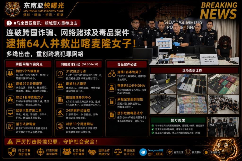 马来西亚｜槟城警方破获跨国诈骗、赌球及毒品案 逮捕64人并救出喀麦隆女子