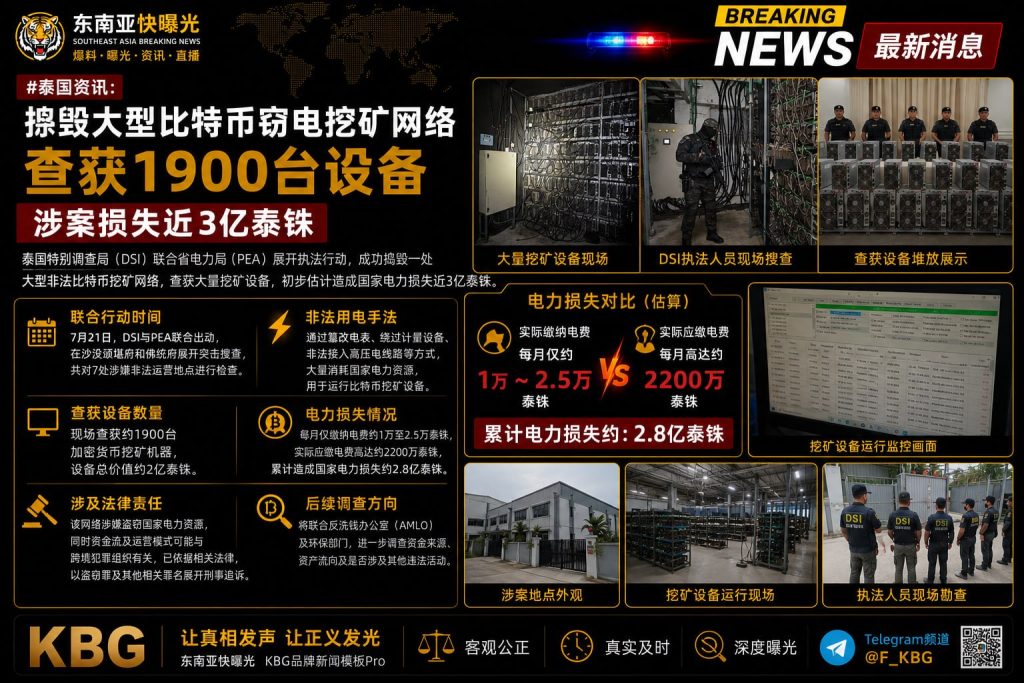 泰国｜捣毁大型比特币窃电挖矿网络查获1900台设备损失近3亿泰铢