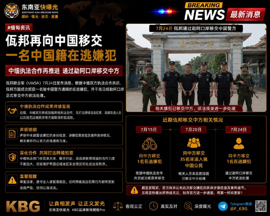 缅甸｜佤邦联合军经勐阿口岸7月24日向中国移交在逃嫌犯