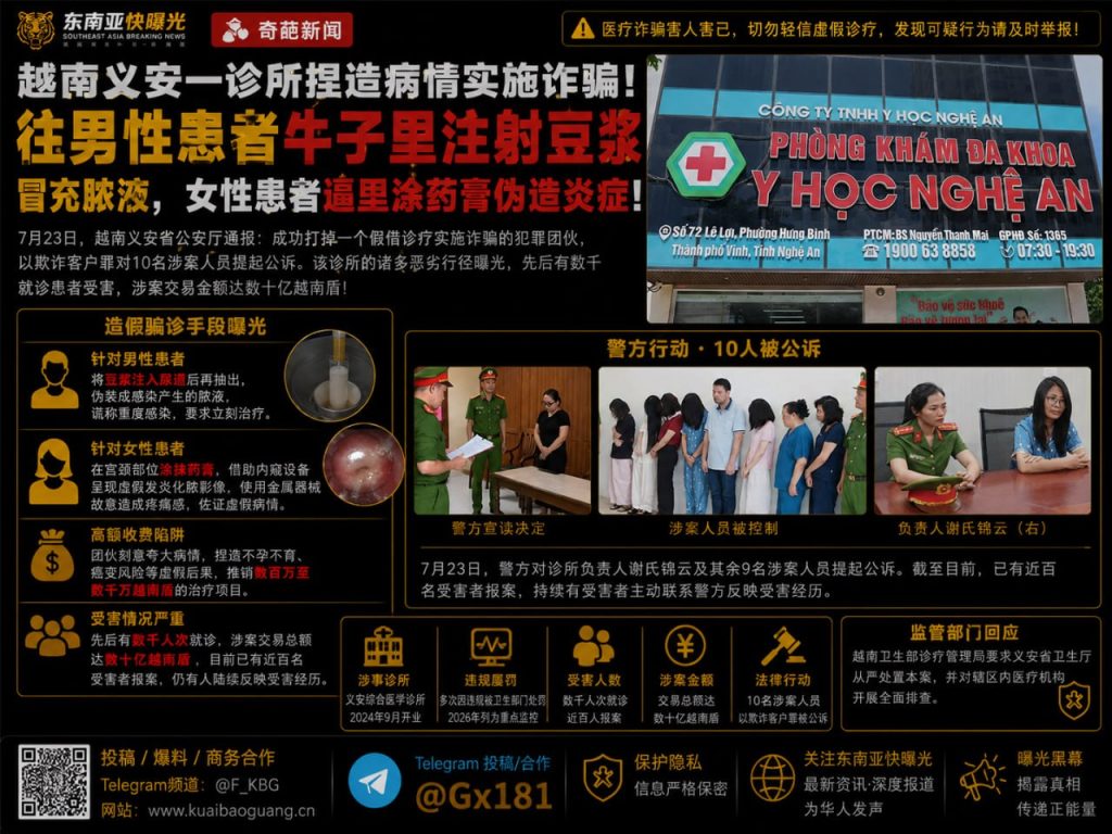 越南｜乂安诊所捏造病情诈骗患者，强行注射豆浆伪装脓液