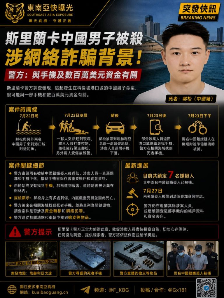 斯里兰卡｜中国男子港口城被杀，警方锁定手机与数百万资金涉网络诈骗