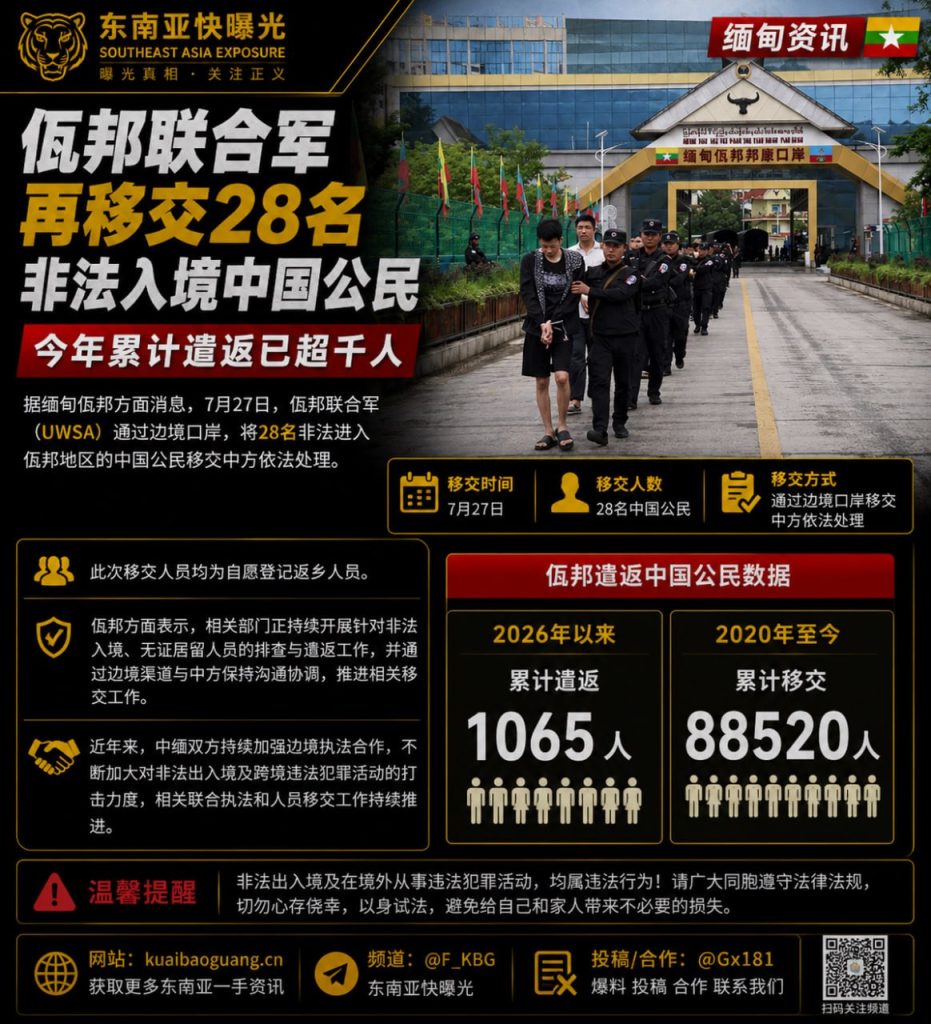 缅甸｜佤邦联合军移交28名非法入境中国公民，年度遣返超千人
