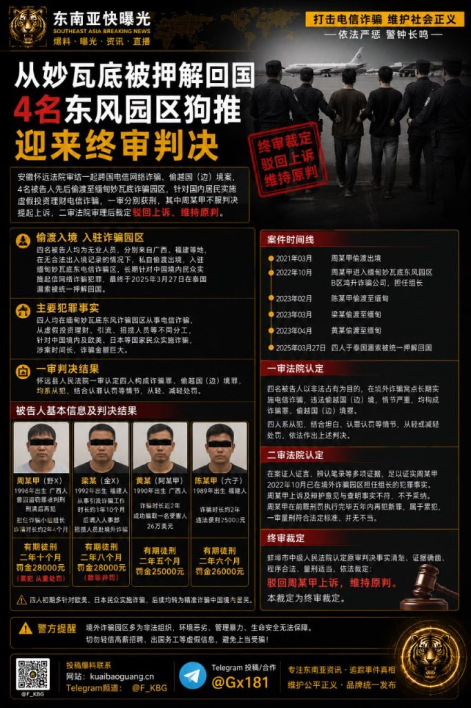 中国｜四名东风园区诈骗嫌疑人被押解回国终审判决维持原判