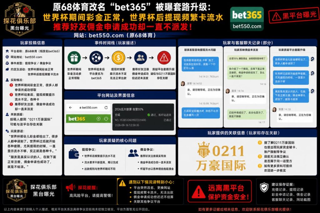 网友反映原68体育改名bet550遭遇提现卡流水与佣金未派发