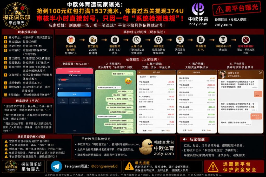 中欧体育平台遭网友曝光：完成红包流水提现374U时被封号