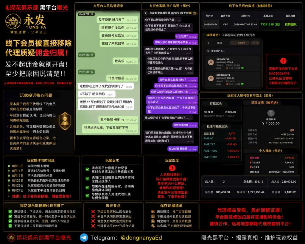 永发平台｜网友曝光代理线下会员被移除，佣金归属引发争议