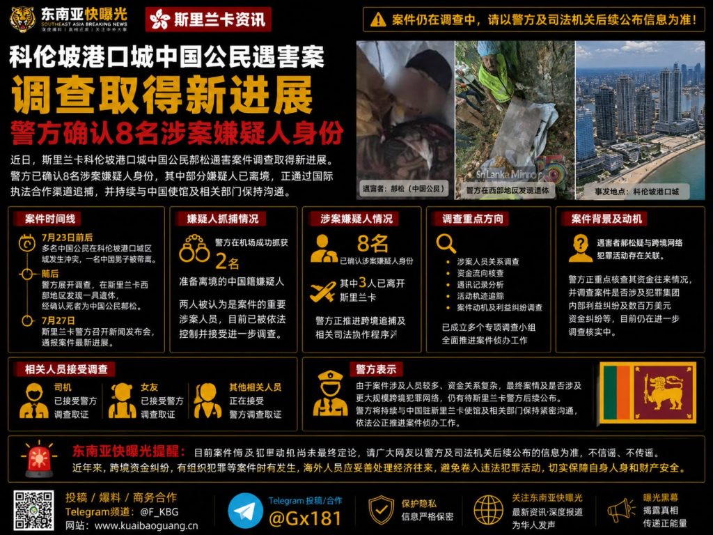斯里兰卡｜科伦坡港口城中国公民遇害案进展，警方确认8名嫌疑人