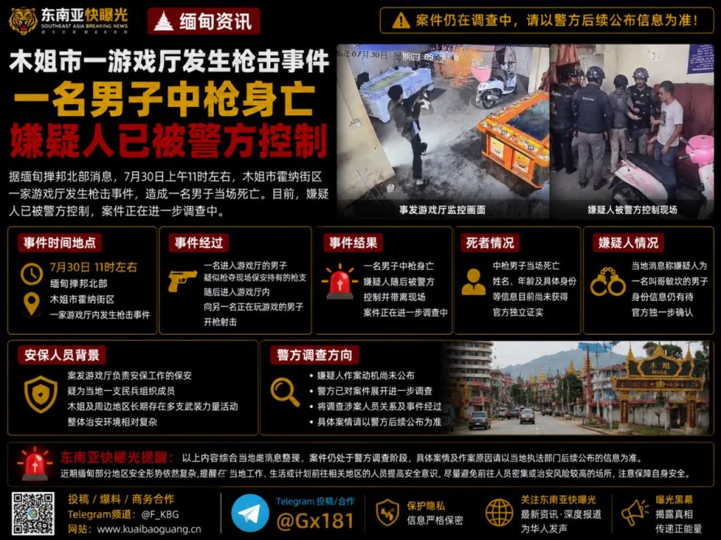 缅甸｜木姐市游戏厅枪击致一男子死亡 嫌疑人被警方控制