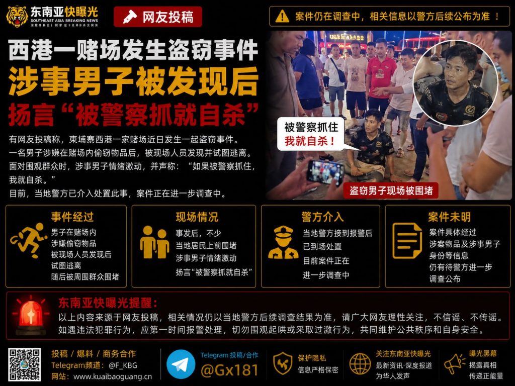 柬埔寨｜西港赌场盗窃嫌疑人被围堵扬言被捕将自杀警方介入调查