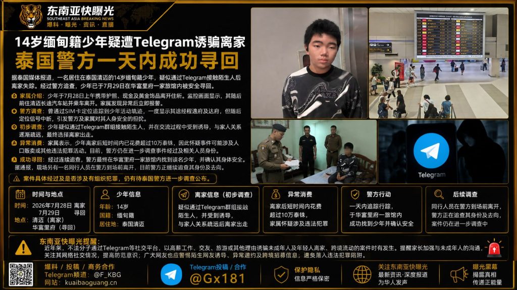 泰国资讯｜清迈14岁少年疑遭Telegram诱骗 警方一日内寻回