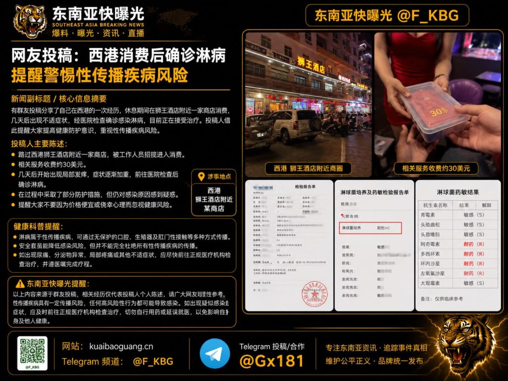 柬埔寨｜西港游客消费后确诊淋病 提醒防范性传播风险