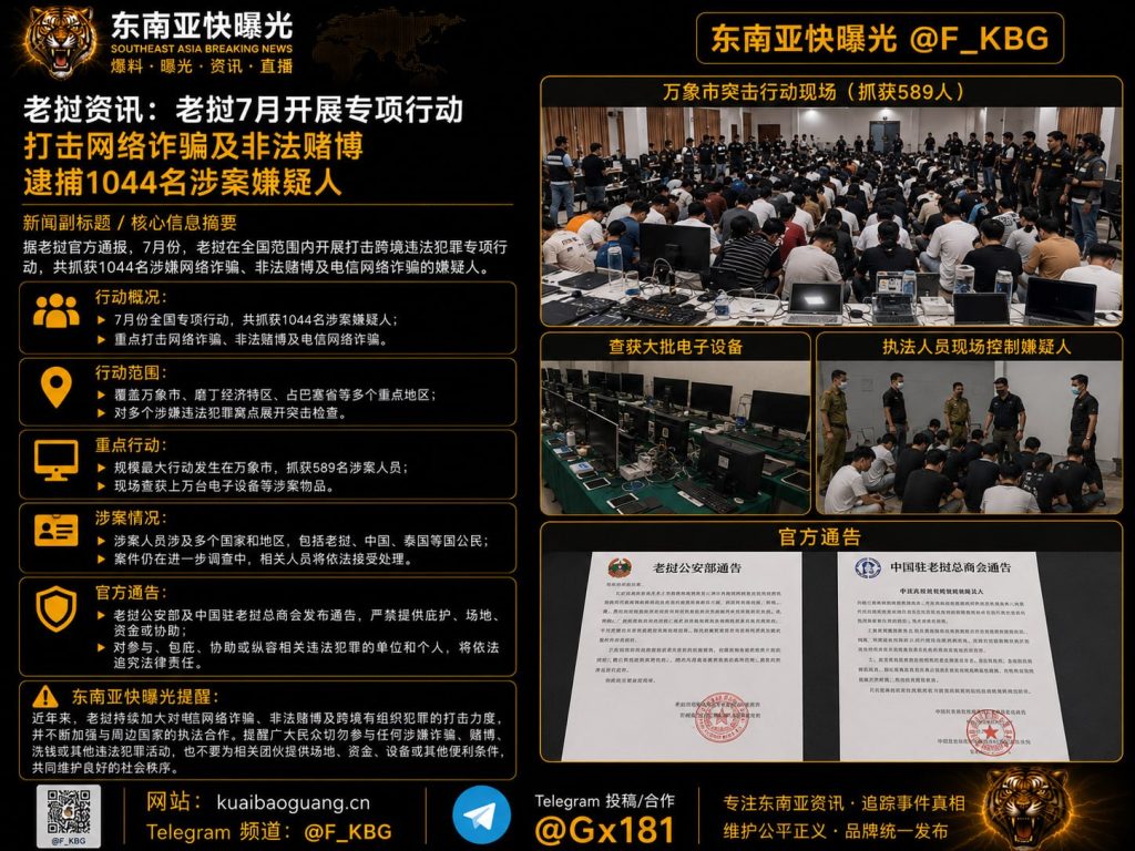 老挝资讯｜7月专项行动打击网络诈骗及非法赌博，逮捕1044名嫌疑人
