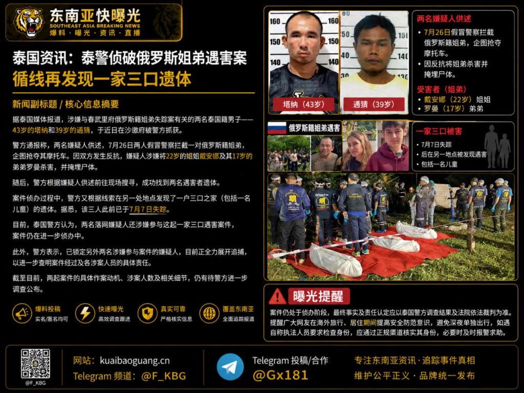 泰国｜警方破获俄罗斯姐弟遇害案 并在追踪中发现一家三口遗体