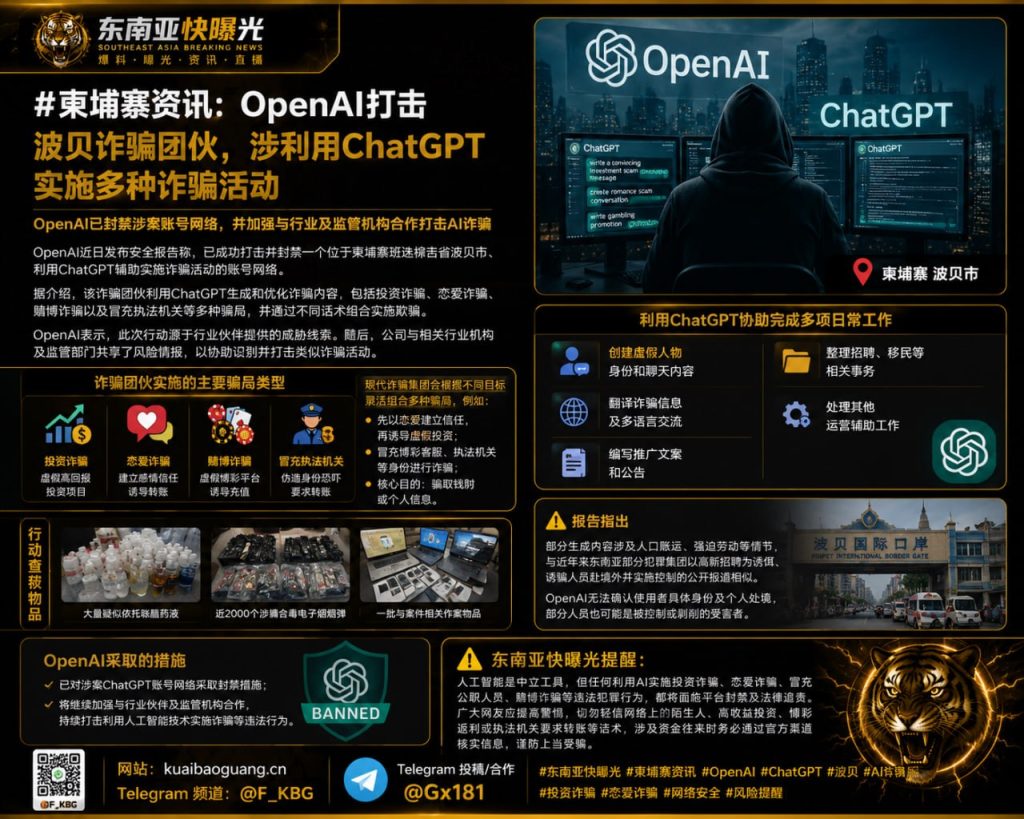 柬埔寨｜OpenAI封禁波贝AI诈骗团伙，阻止投资、恋爱、赌博等多类诈骗