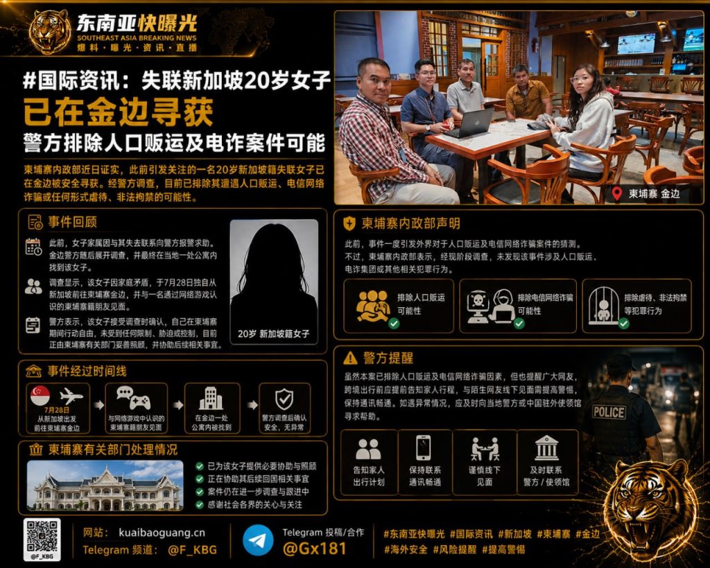 柬埔寨｜失联新加坡女子金边被安全寻获，排除人口贩运与电诈