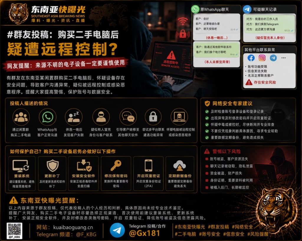 东南亚｜网友购买二手电脑后疑遭远程控制，聊天异常导致客户被冒名转移