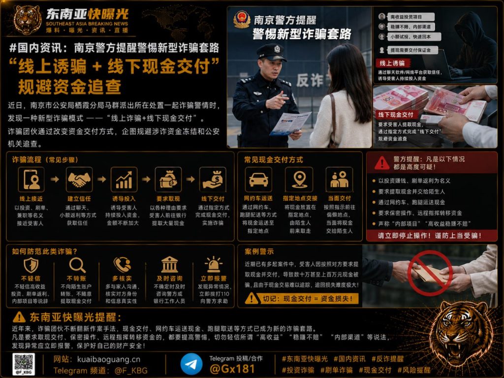中国资讯｜南京警方揭露新型诈骗套路 线上诱骗搭配线下交付现金规避追查