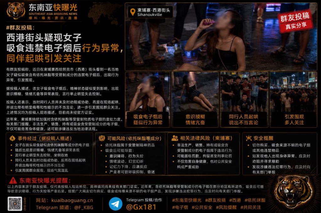 柬埔寨｜西港女子吸食违禁电子烟后行为异常，同伴起哄引围观