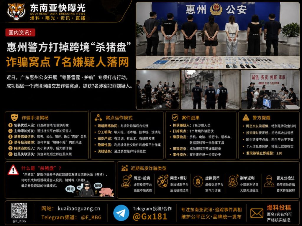 中国｜惠州警方捣毁跨境杀猪盘诈骗窝点 7名嫌疑人落网