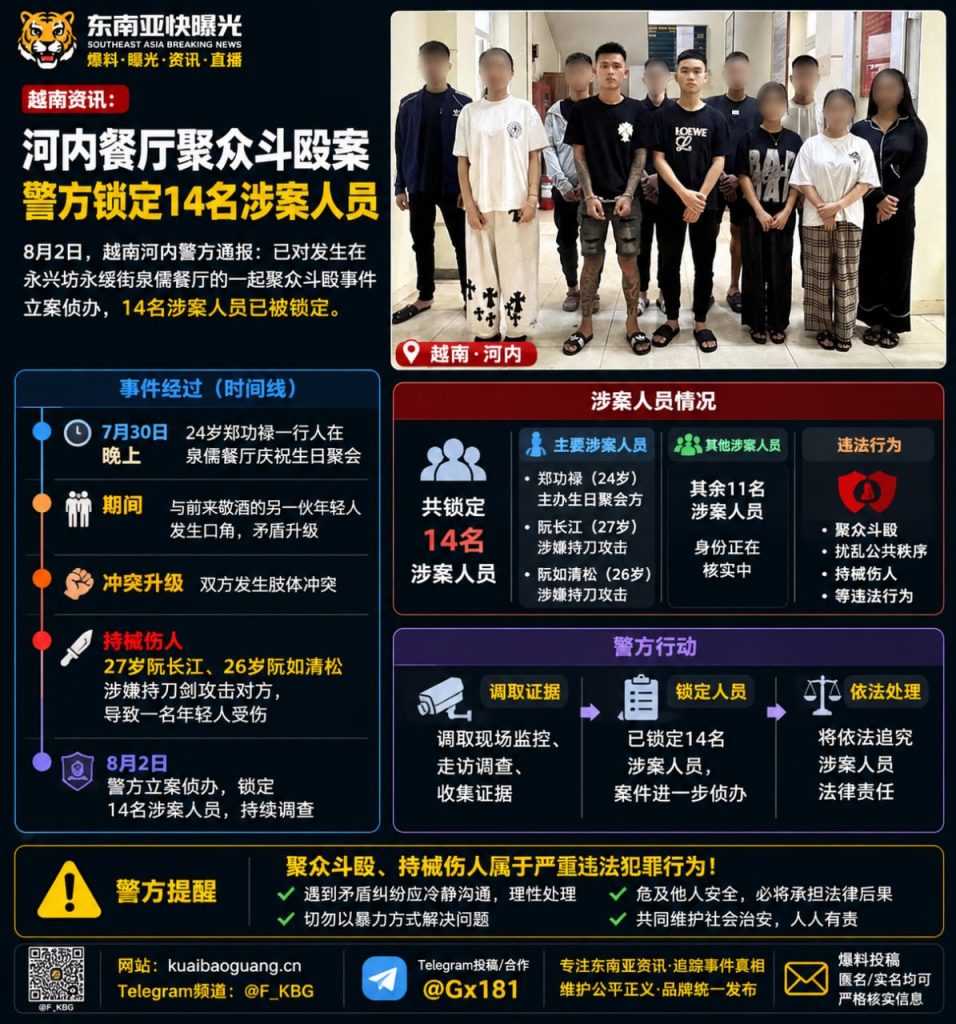 越南｜河内餐厅聚众斗殴案立案调查，警方锁定14名涉案人员