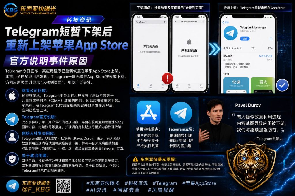 美国｜Telegram 应用在苹果 App Store 暂时下架后恢复上架
