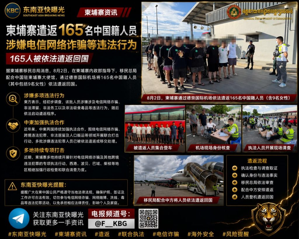 柬埔寨资讯｜柬埔寨移民总局依法遣返165名涉嫌电诈与吸毒中国籍人员