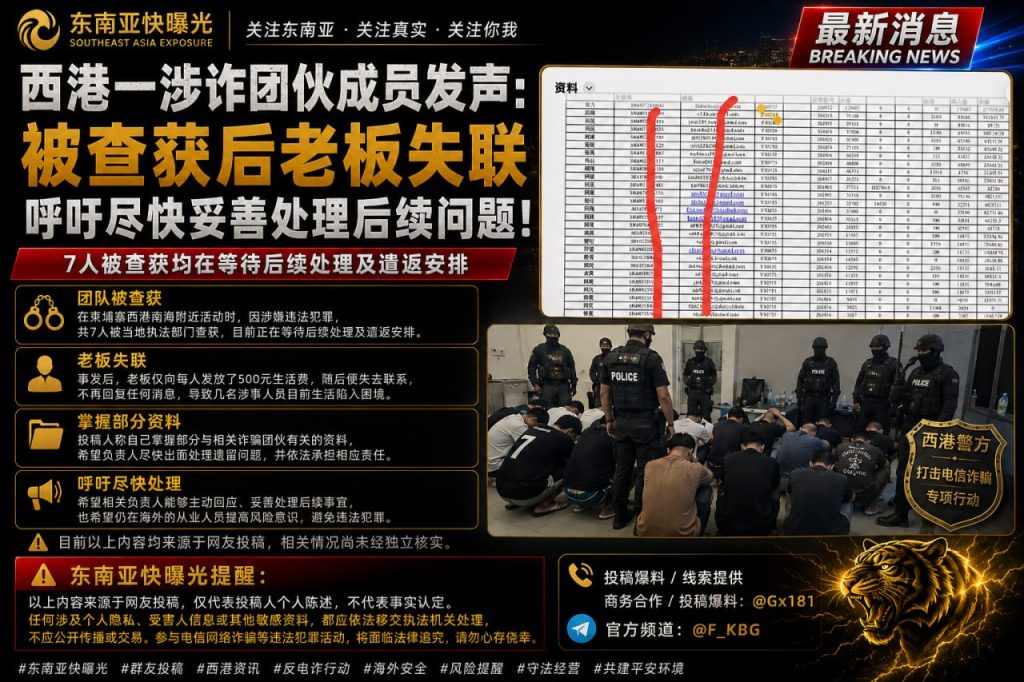 柬埔寨｜西港一涉诈团伙成员被查获后遭老板失联