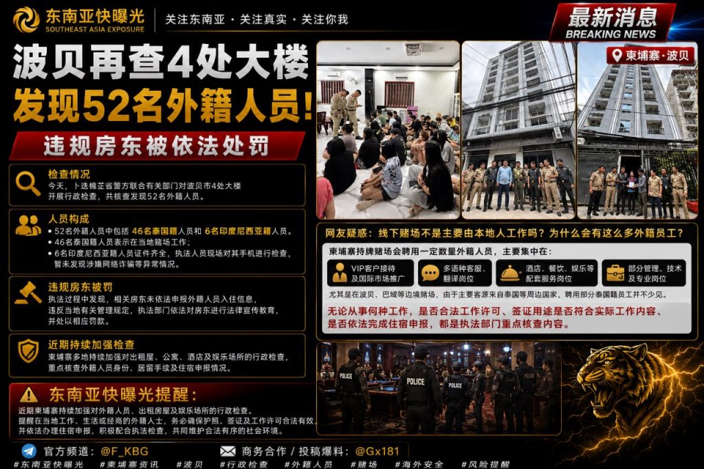 柬埔寨｜波贝市四大楼检查发现52名外籍人员，违规房东受罚