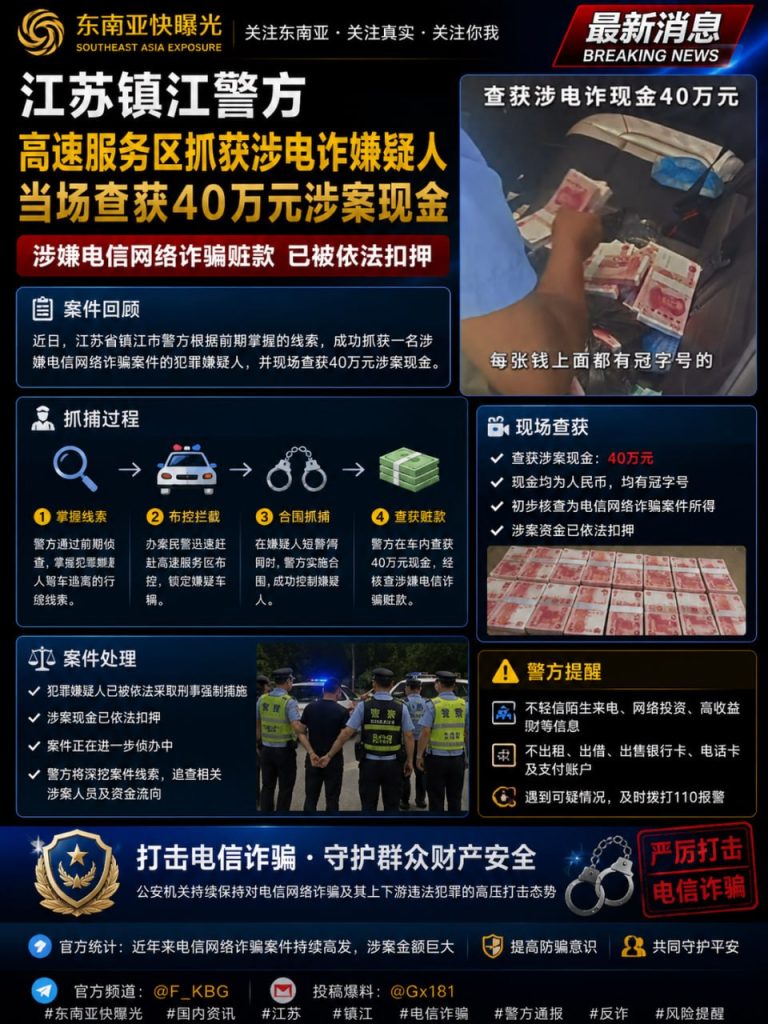 中国/江苏｜镇江警方高速服务区抓获涉电诈嫌疑人，现场查获40万元现金