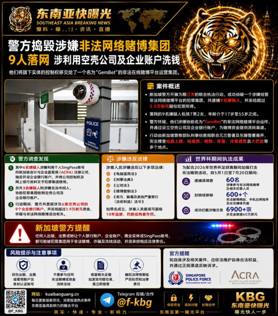 新加坡｜警方捣毁非法网络赌博集团，9人落网并冻结巨额资金
