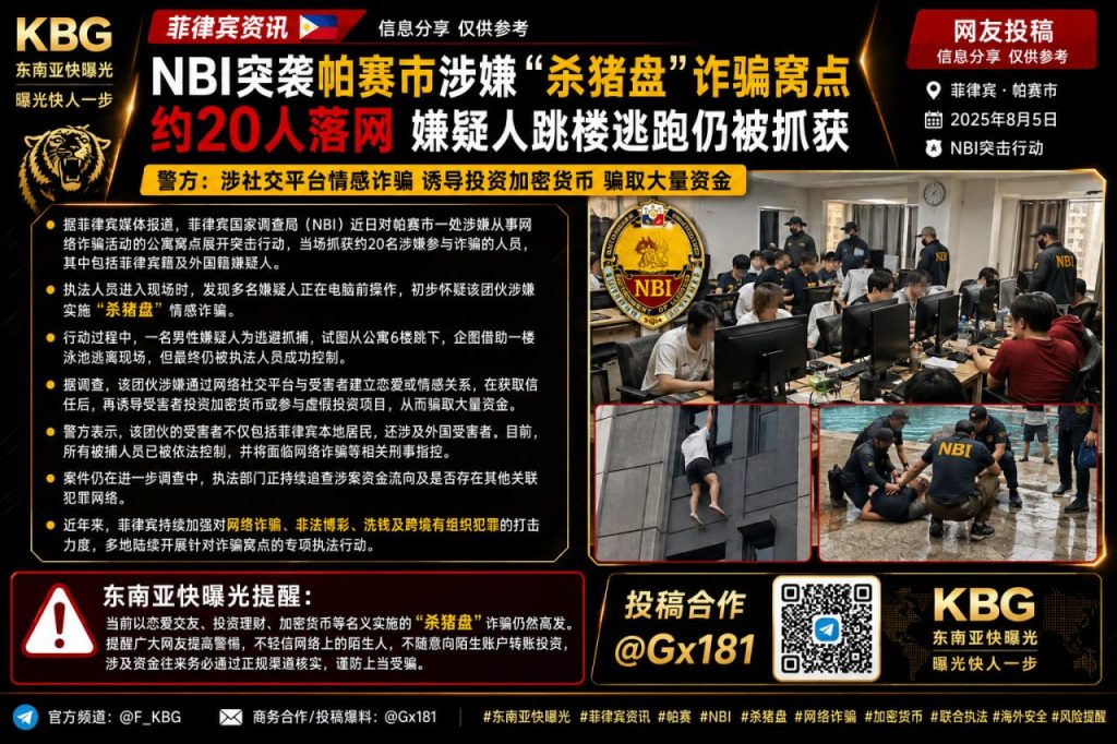 菲律宾资讯｜NBI突袭帕赛市‘杀猪盘’窝点，约20人被捕