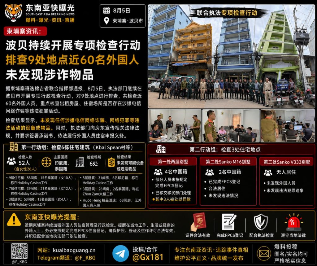 柬埔寨｜波贝持续开展专项检查行动，排查9处地点近60名外国人