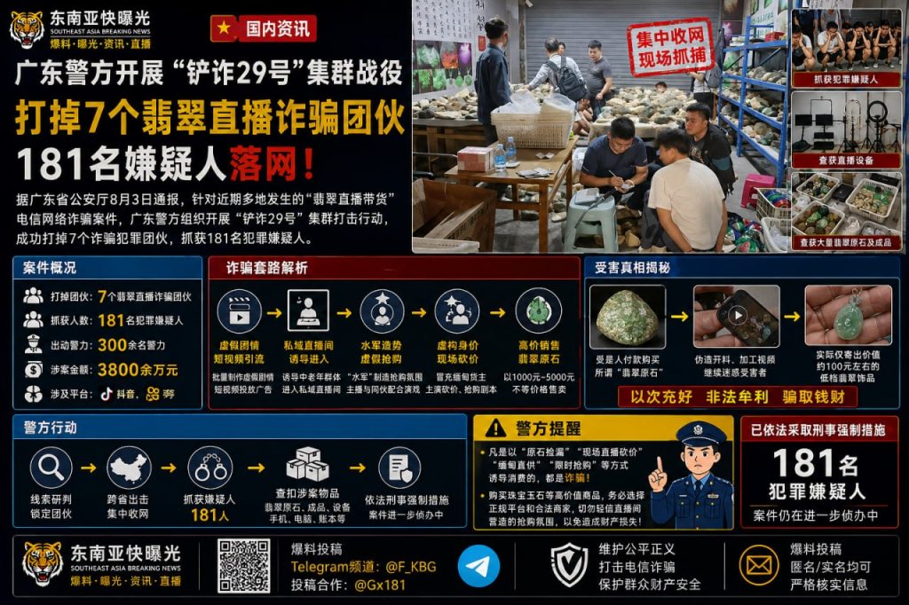 中国｜广东警方开展“铲诈29号”集群战役，打掉7个翡翠直播诈骗团伙