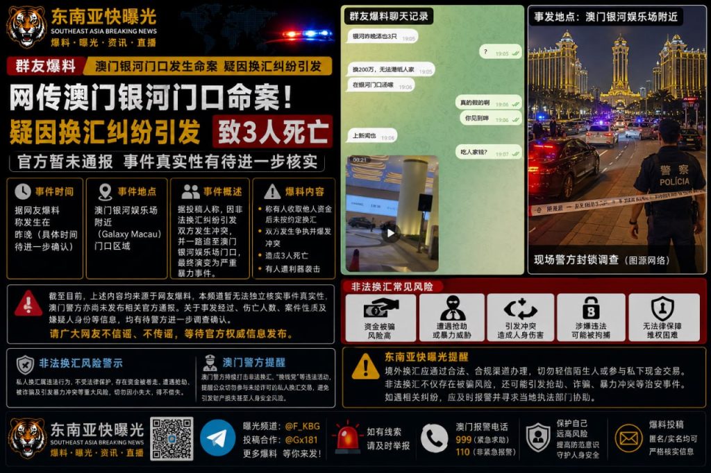 中国澳门特别行政区｜澳门银河门口网传发生命案，疑因非法换汇纠纷引发