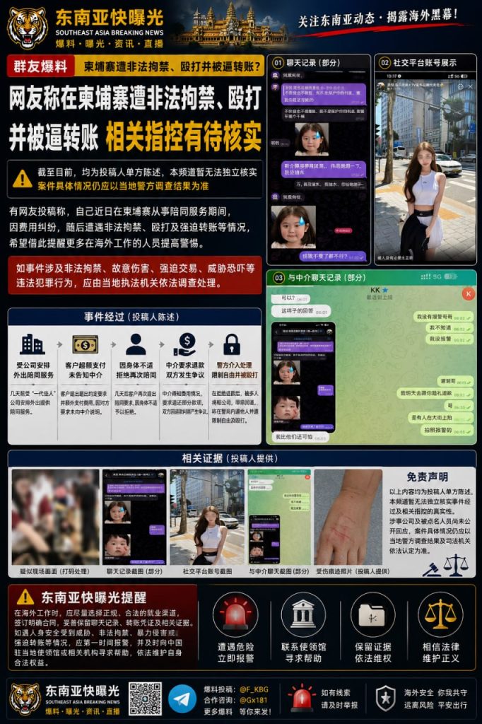 柬埔寨资讯｜中国公民称在柬遭遇非法拘禁殴打并被逼转账