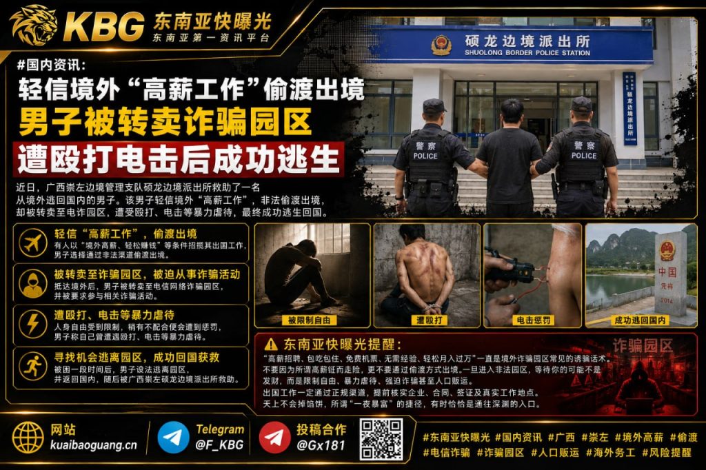 中国/广西崇左｜男子轻信境外高薪工作偷渡，被转卖诈骗园区后逃回