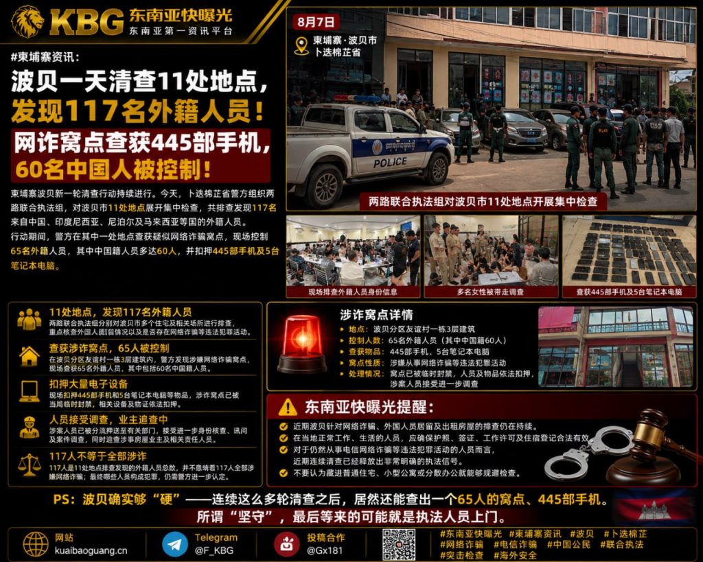 柬埔寨｜波贝清查外籍人员 发现117人 60名中国人被控制，扣押445部手机