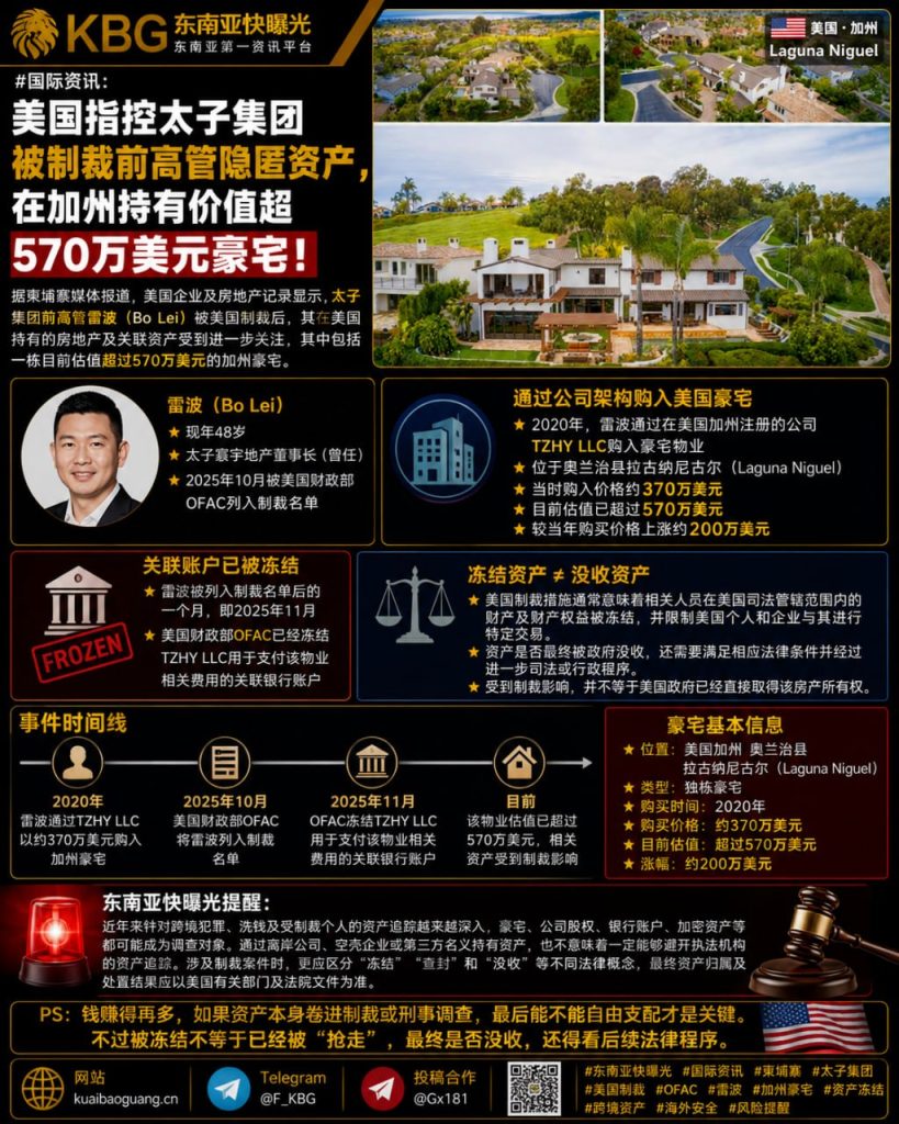美国｜财政部冻结柬埔寨太子集团前高管雷波加州570万美元豪宅关联账户