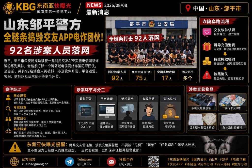中国｜山东邹平警方全链条捣毁交友APP诈骗团伙，92人落网