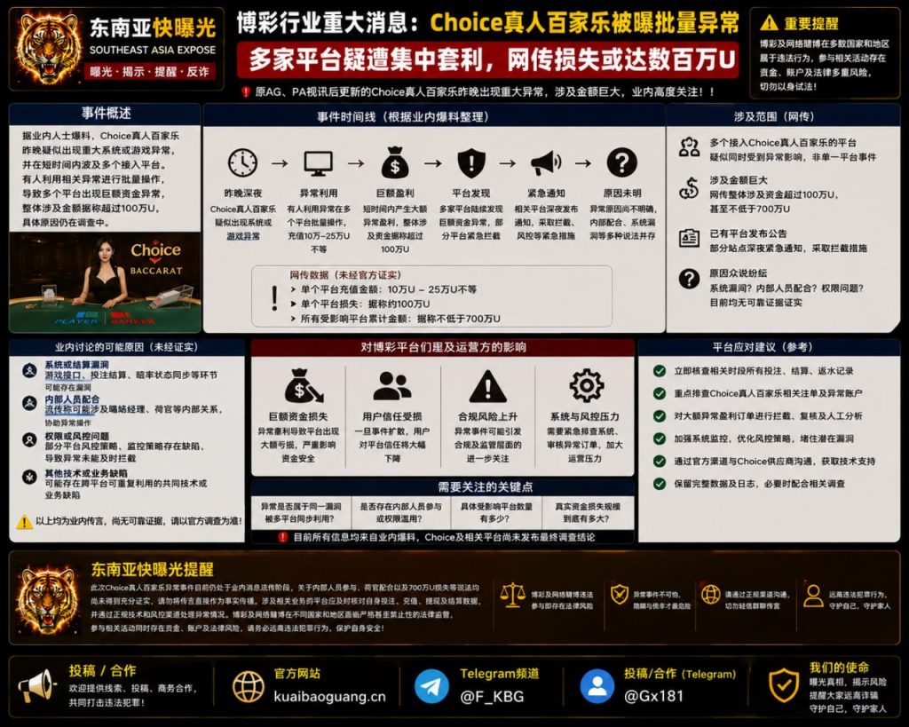 东南亚｜Choice真人百家乐异常致多平台累计损失上千万U