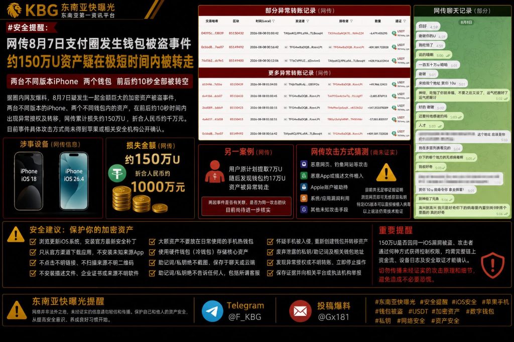 东南亚｜支付圈两部iPhone钱包短秒内被盗约150万U资产