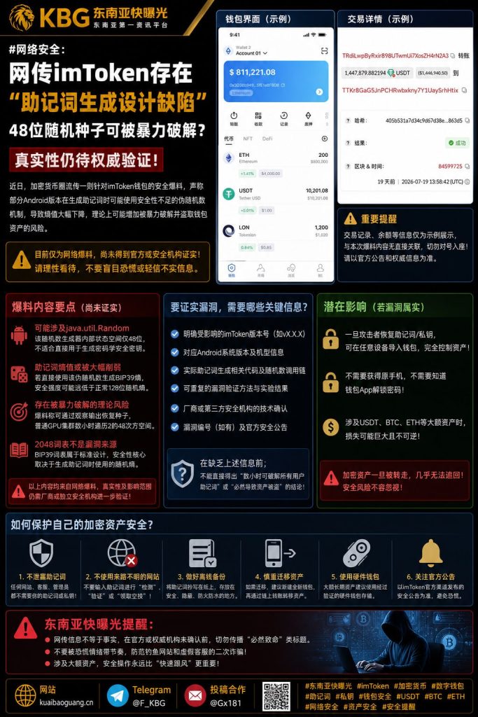 国际｜网传imToken钱包存在助记词算法漏洞 专家提醒谨防钓鱼陷阱