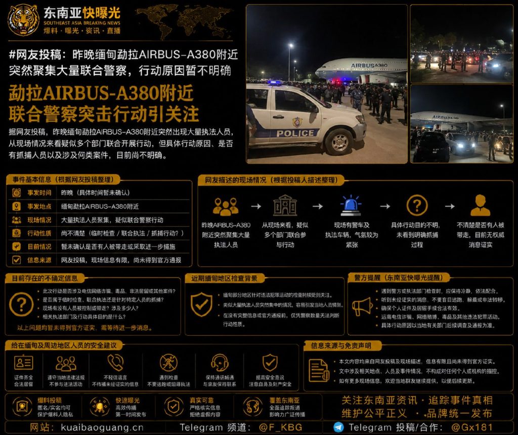 缅甸｜勐拉AIRBUS-A380附近大量警力聚集，行动原因未明