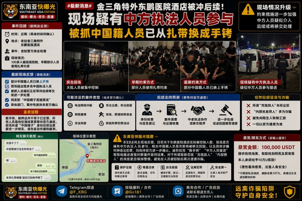 老挝资讯｜金三角东鹏医院酒店被冲后续，中国籍被控人员已换上手铐