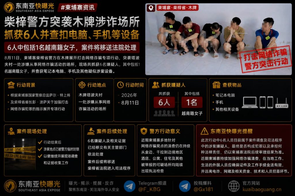 柬埔寨资讯｜柴桢省警方突击木牌涉诈场所，抓获6人并扣押作案设备